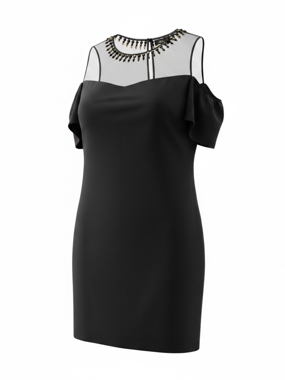 BCBGMaxAzria Black Cold Shoulder Mesh Yoke Dress with Embellished Neckline